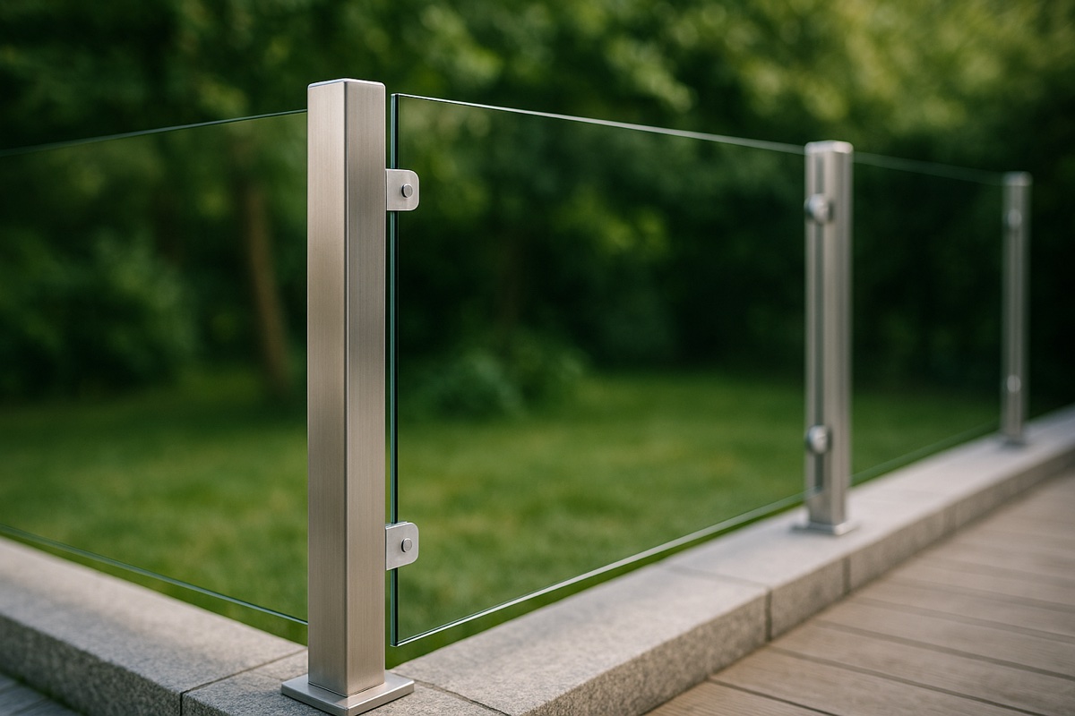 Nærbillede af glashegn i hærdet sikkerhedsglas med stål- eller aluminiumsstolper