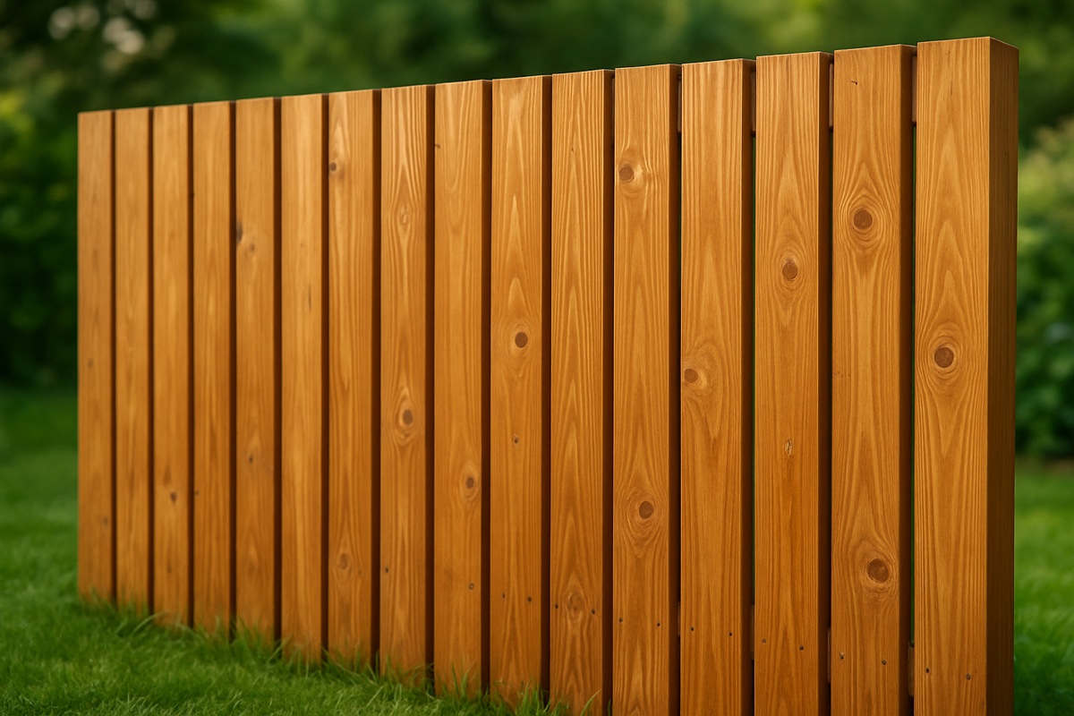 Nærbillede af havehegn i trykimprægneret fyr eller lærketræ