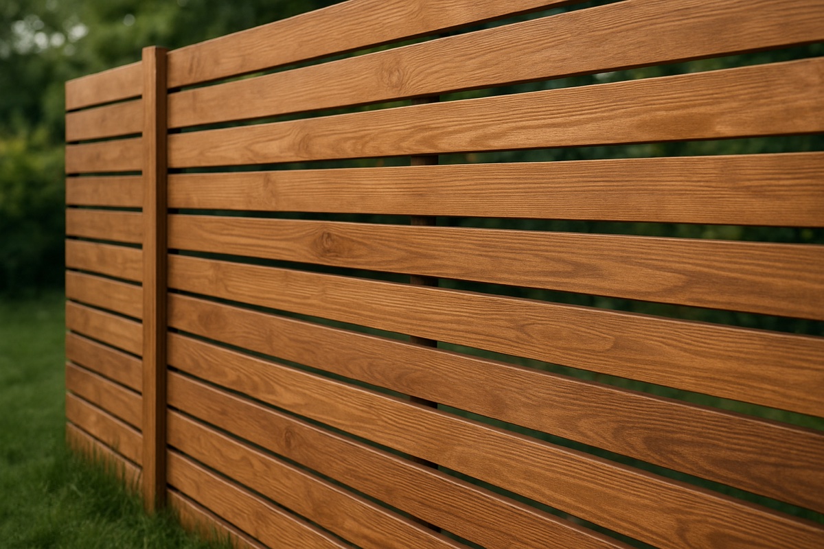 Nærbillede af lamelhegn i vandrette trælameller eller komposit