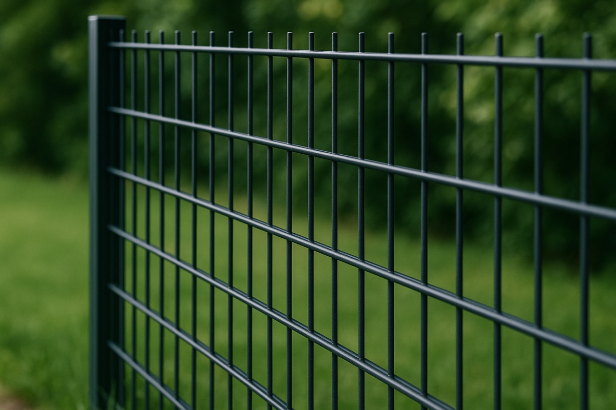 Nærbillede af trådhegn i galvaniseret ståltråd med stolper